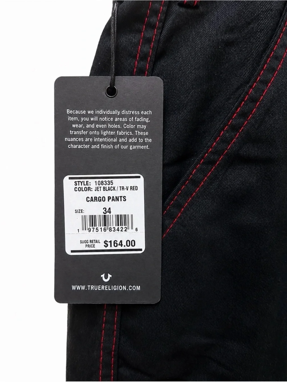 NWT Men's True Religion Cargo Pants with Red Stitching